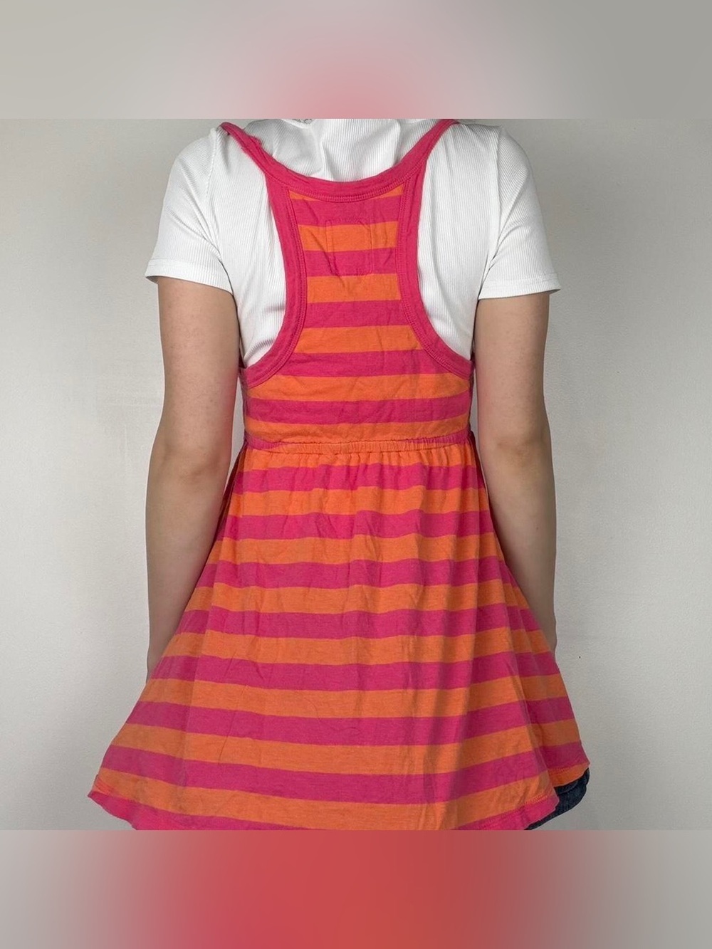 PINK Y2K Babydoll Racerback Button Tank Dress in Pink & Orange Stripes, Small - Picture 5 of 8